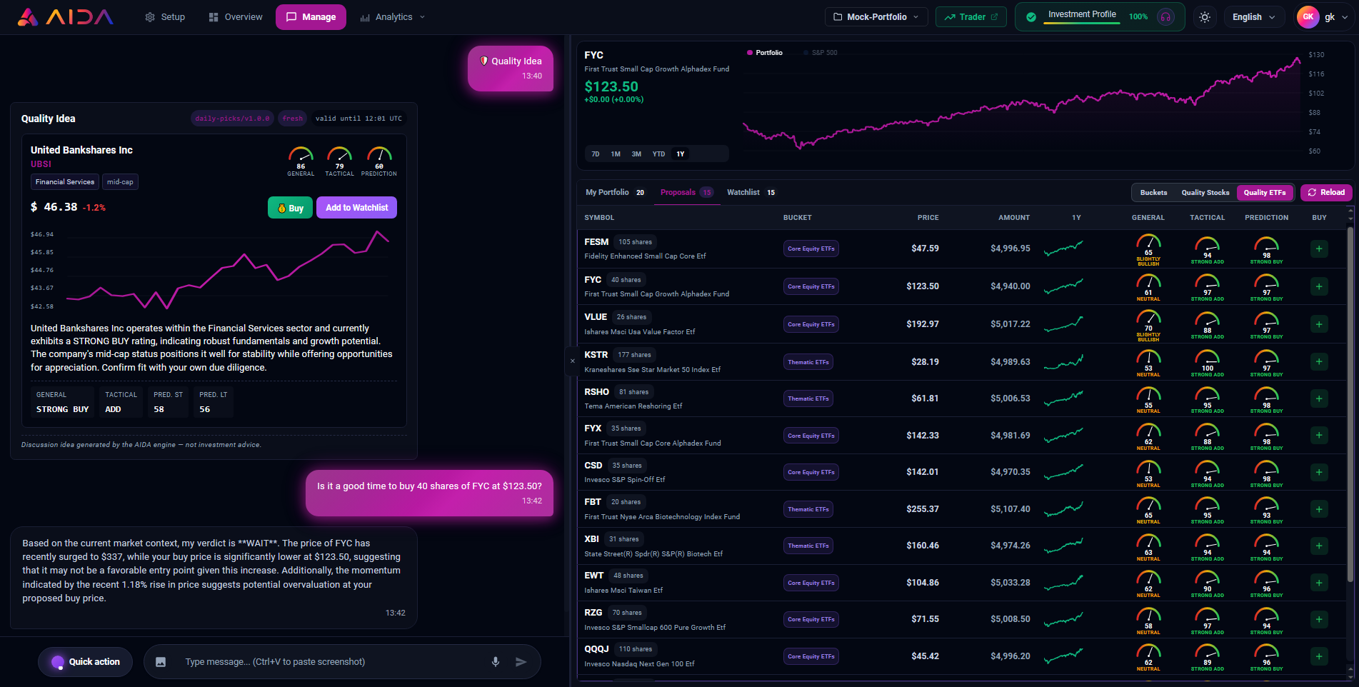 AIDA Manage page with bucket, stock and ETF proposals